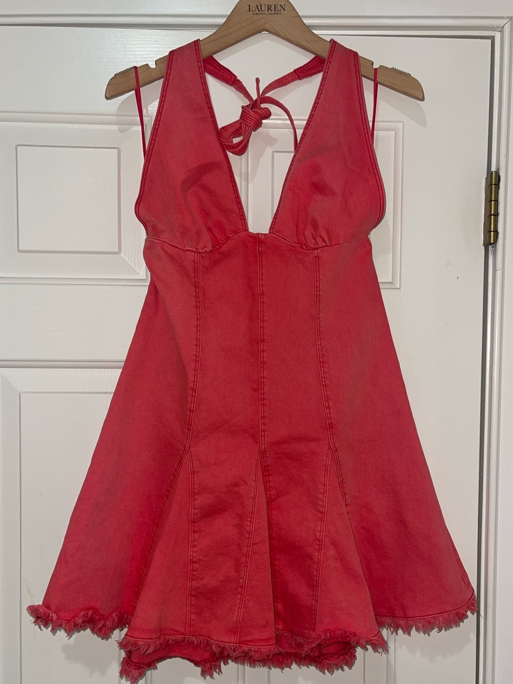 NWT Kimchi Blue Hailey Halter Denim Mini Dress Red Medium - Picture 2 of 10